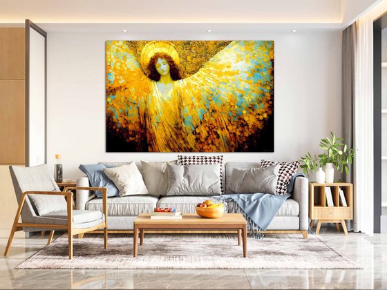 Angel. Large format 180 x 120 cm Original golden bronze huge wall art on canvas. Large artwork for home decor