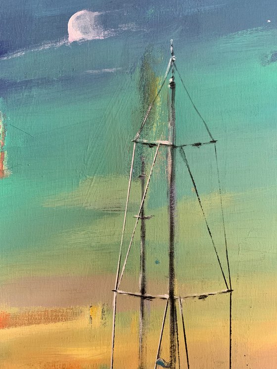 Big vertical painting - "Bright dawn" - delicate color - sunset - sailing boat - seascape