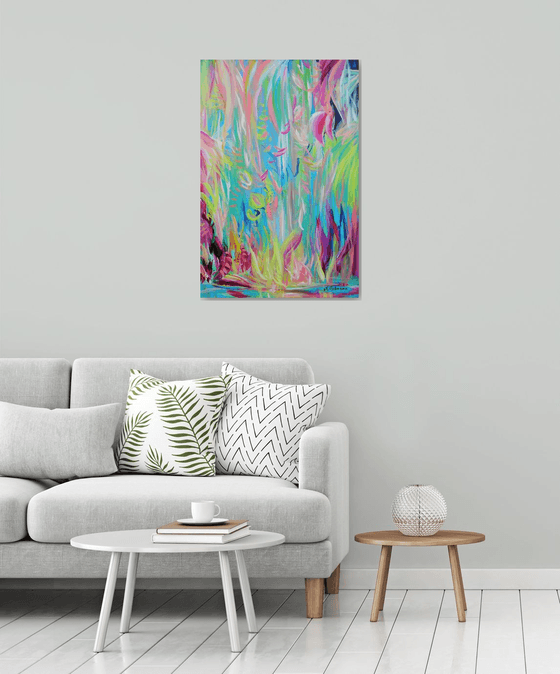 Large Abstract Pink Floral Landscape Painting. Modern Abstract Art. Abstract Floral Painting 61x91cm.