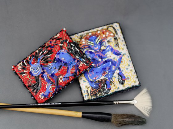 Blue lion, fantasy cat. Painting - Brooch
