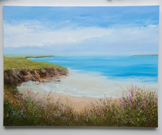 Hills and sea. Oil painting. Seascape. Original Art. Large canvas. 28 x 36.