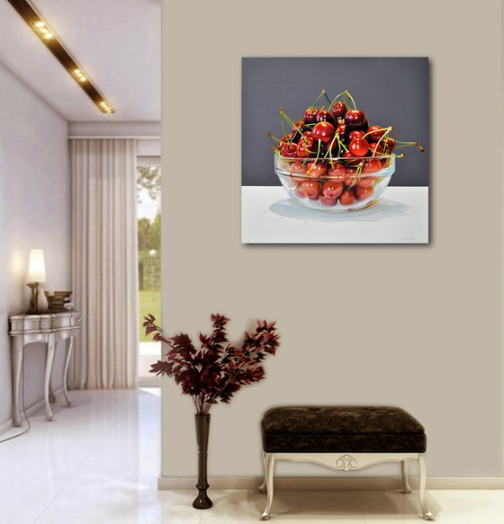 Still life with cherries IV , Original oil on canvas painting