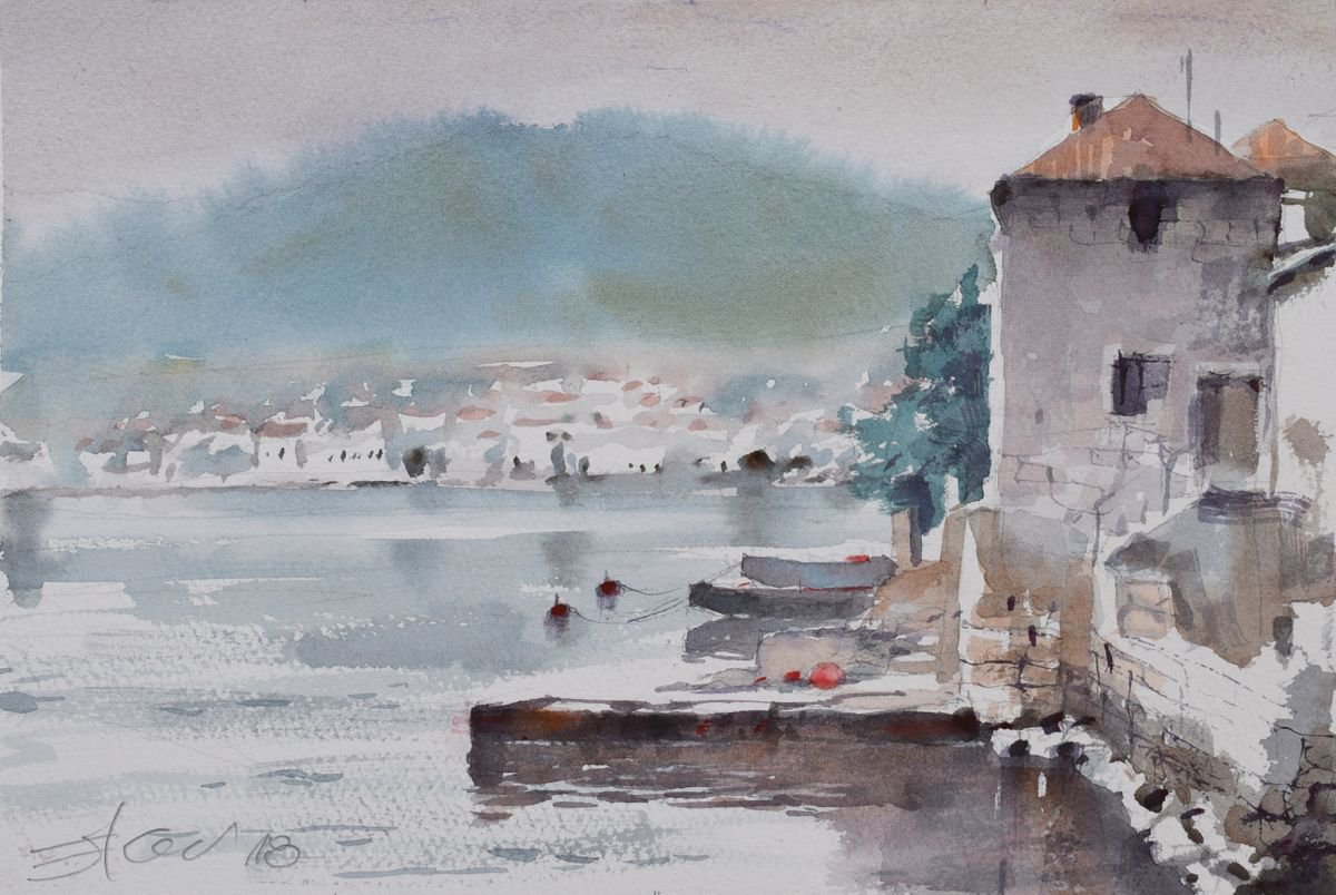 Adriatic scene with old house II by Goran Zigolic Watercolors
