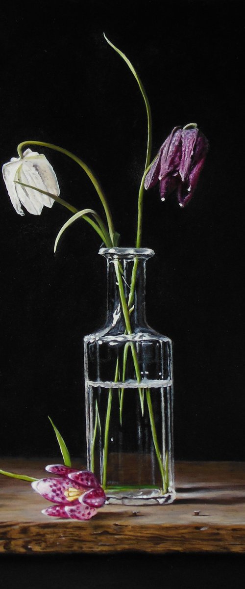 Vase with 2 Fritillaria meleagris flowers (35x25cm) by Jan Teunissen