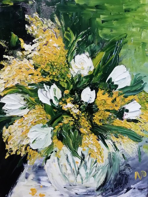 Mimosa, impressionistic floral oil painting, original flowers in vase by Nataliia Plakhotnyk