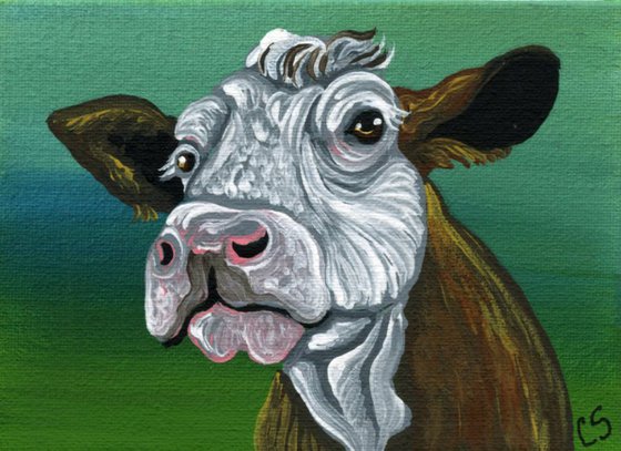 ACEO ATC Original Painting Brown Cow Farmyard Art-Carla Smale