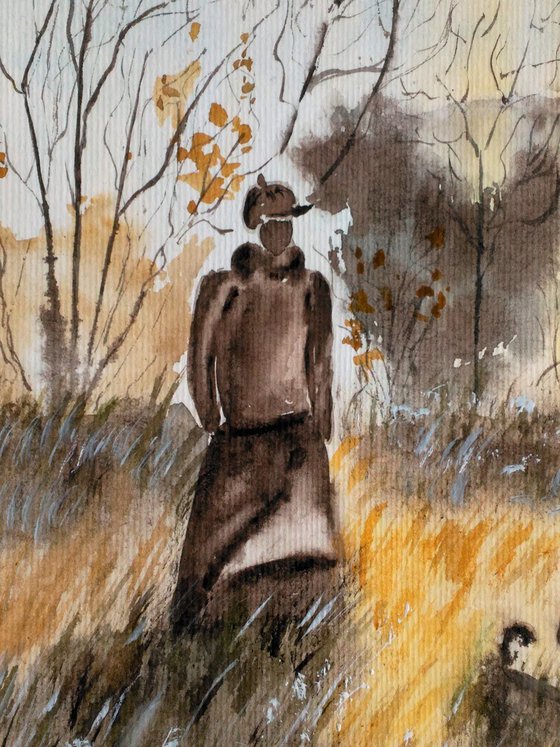 Fall Painting Landscape Original Art Walking Dog Watercolor Woman and Dog Artwork Autumn Stroll Artwork Home Wall Art 8 by 11" by Halyna Kirichenko