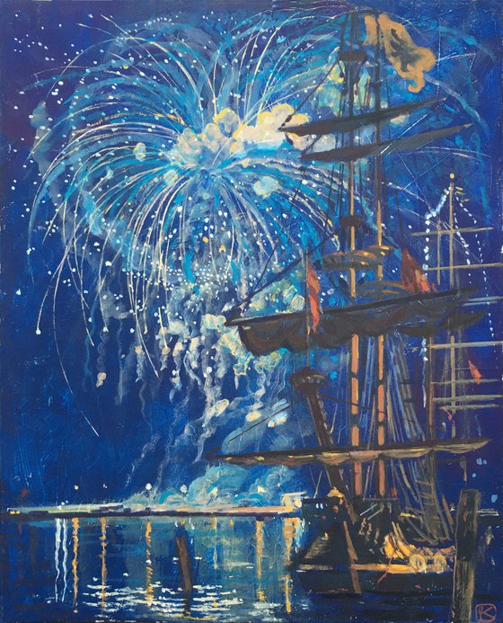 Frigate Shtandart at the Maritime Festival with Fireworks