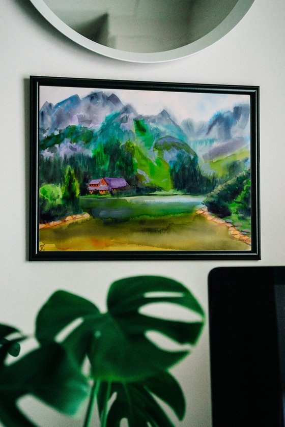 Mountains Painting, Misty Landscape Original Watercolor Painting