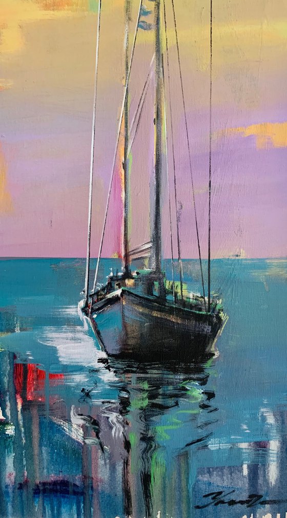 Big vertical painting - "Bright dawn" - delicate color - sunset - sailing boat - seascape