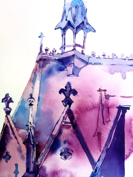 "Gothic cathedral in the evening" original watercolor painting in bright colors