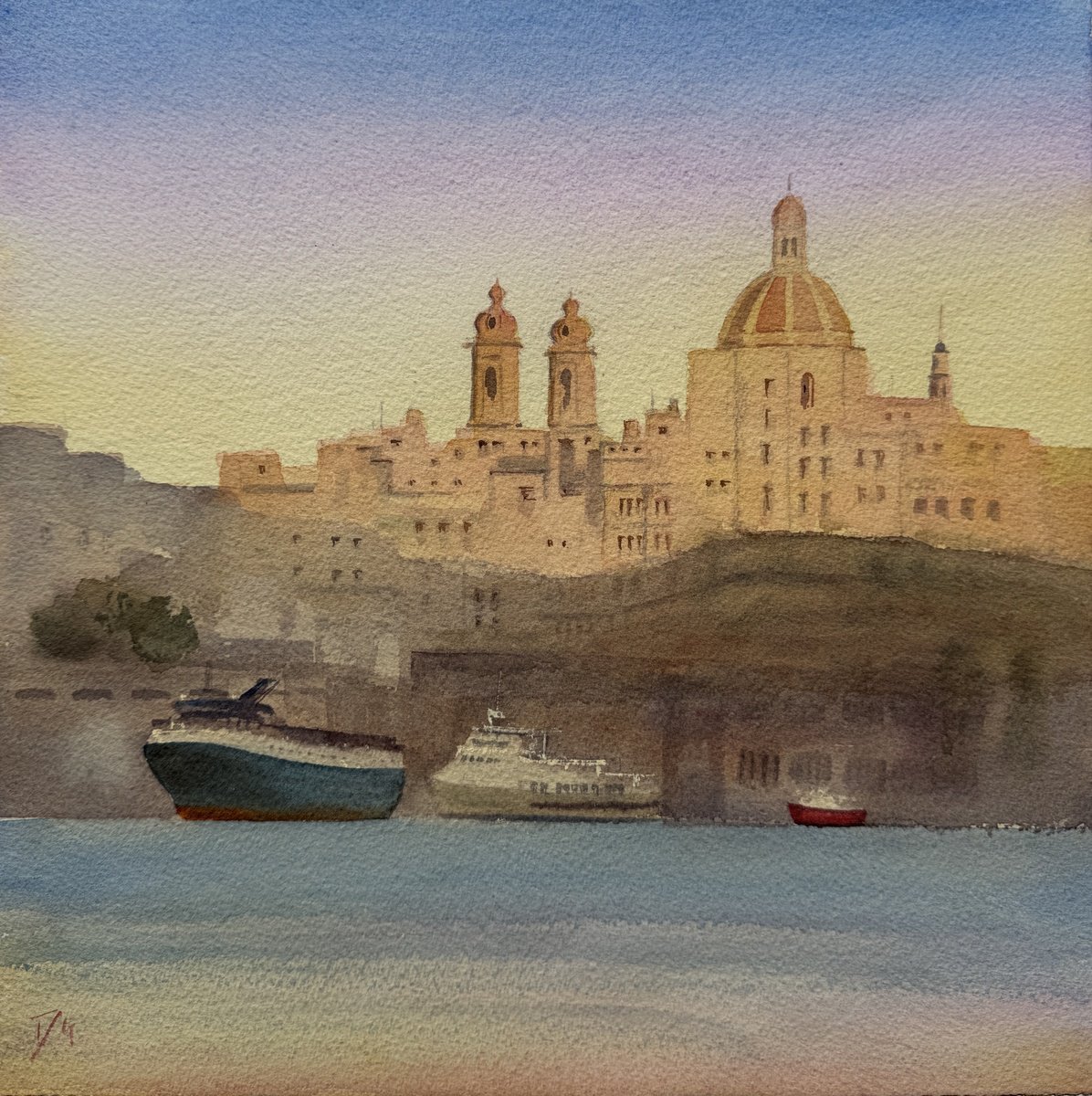 Impressionistic Cityscapes Watercolour By Shelly Du, 12 X 12", Malta Sunset, Original Artwork