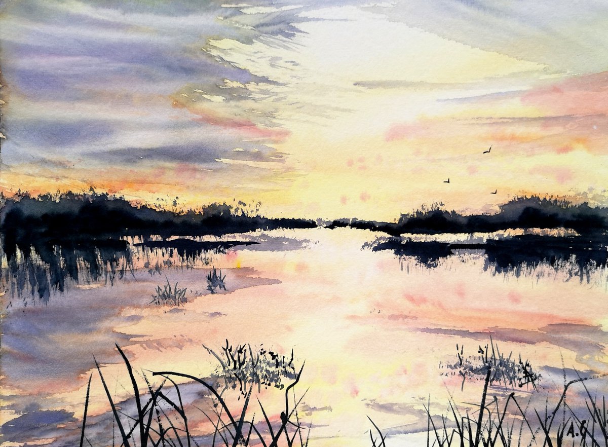 Impressionistic Landscape Watercolour By Aneta Gajos, 16 X 12, Zeborzycki Lake, Original Artwork