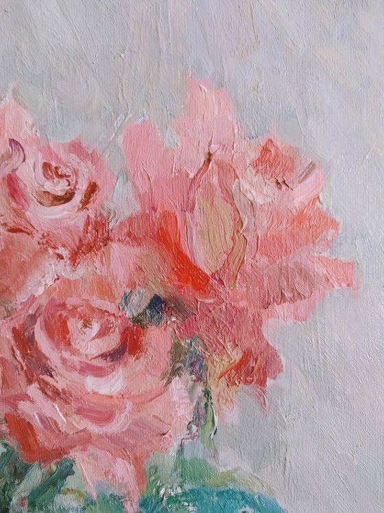 Roses in vase. Original oil painting (2021)
