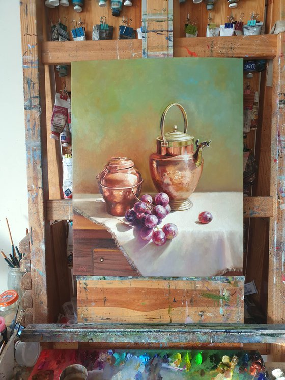 "Still life with grapes and an old exquisite  copper-brass utensil." still life grapes old brass jug summer  liGHt original painting  GIFT (2021)