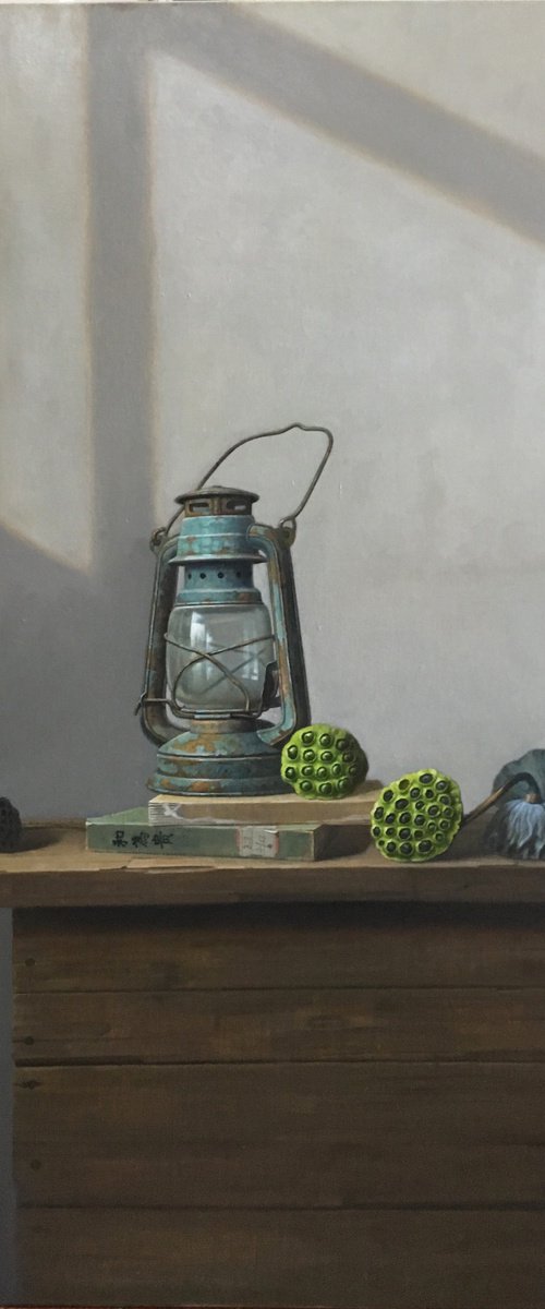 Still life zen art:kerosene lamp with lotus seedpod by Kunlong Wang