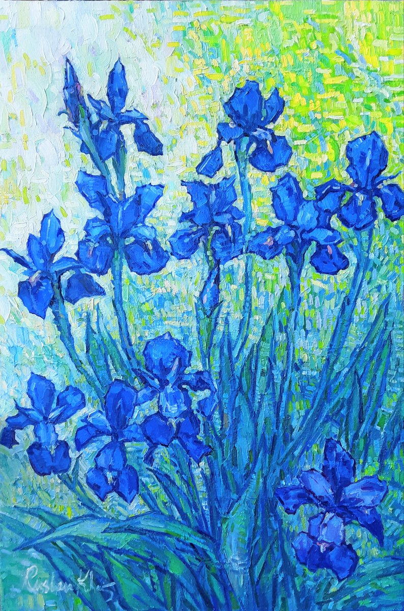 Impressionistic Botanical Oil Painting By Ruslan Khais, 24 X 36", Irises, Original Artwork