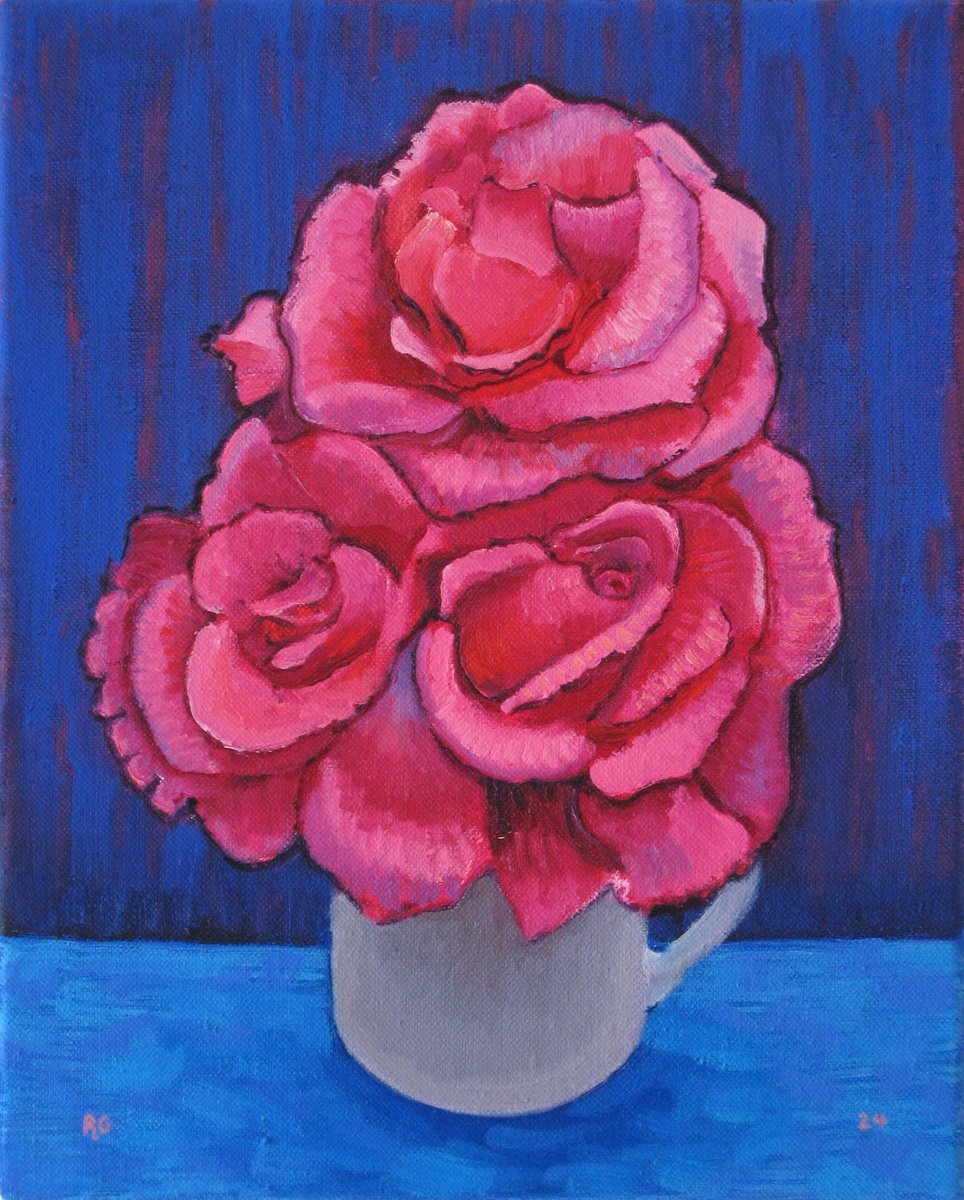 Botanical Oil Painting By Richard Gibson, 8 X 10", Three Roses In A Cup, Original Artwork
