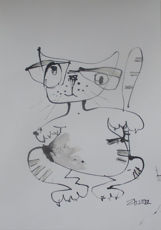 crazy cat blackandwhite 8,2 x 11,4 inch unique mixedmedia drawing