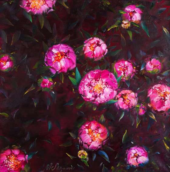 EVENING THICKETS OF PEONIES - Pink flowers. Dark background. Hand painting. Vintage. Drama. Night. Personify.