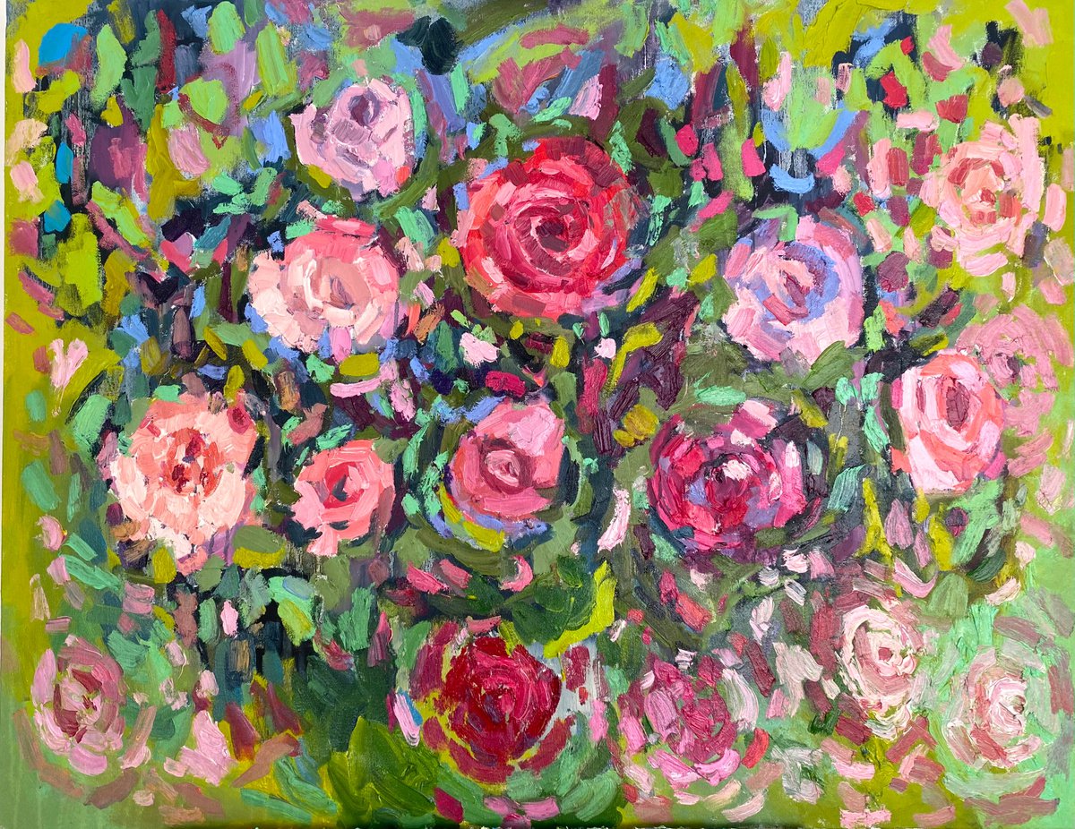 The smell of roses - roses flowers, flowers painting, spring art, blooms bouquet, oil pa... by Ksenia Kozhakhanova