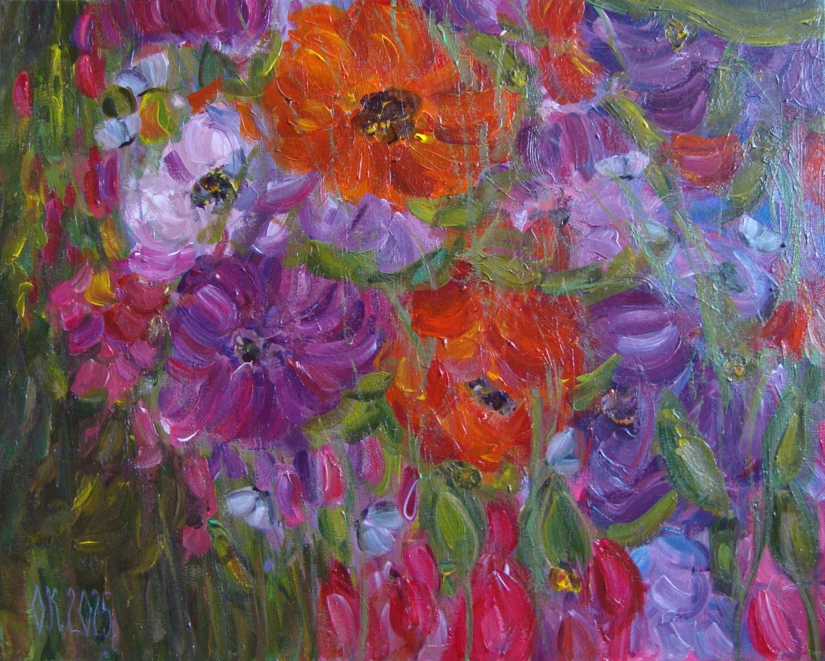 Expressive Botanical Acrylic Painting By Olga Knezevic, 20 X 16", Floral Day, Original Artwork