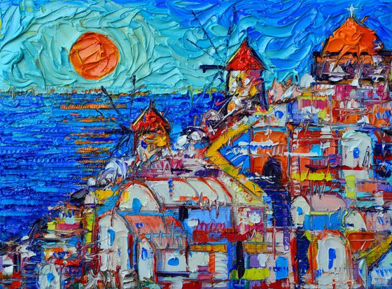 ABSTRACT SANTORINI OIA SUNSET contemporary impressionist abstract cityscape miniature stylized city impasto palette knife original oil painting by Ana Maria Edulescu