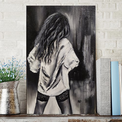 In stockings, nude erotic original girl oil painting, art for gift by Nataliia Plakhotnyk