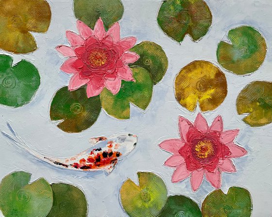Koi fish and water lilies