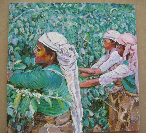 TEA PICKERS - T field - Indian Scene - Oil Painting - Large Size - Figurative - People - Oriental