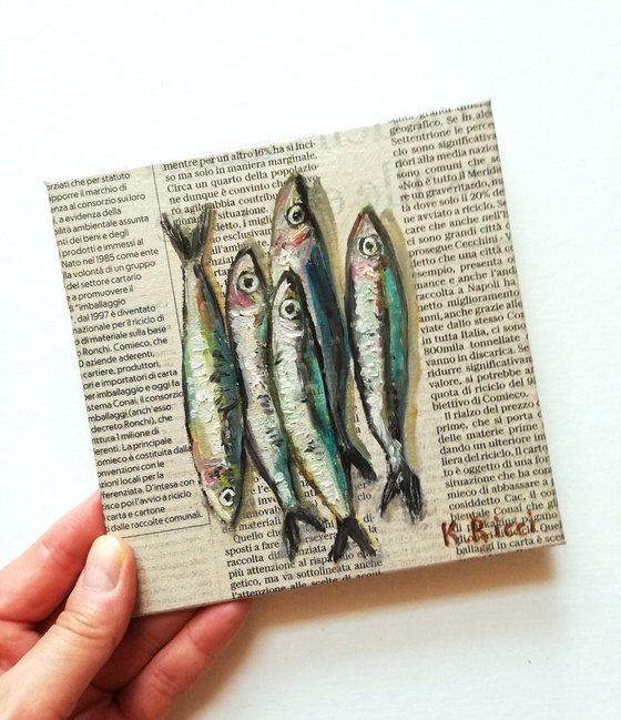 "Small Fishes on Newspaper" Original Oil on Canvas Board Painting 6 by 6 inches (15x15 cm)