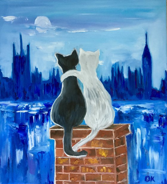 Cats in London. Mystic  night in foggy London, Parliament. Present idea