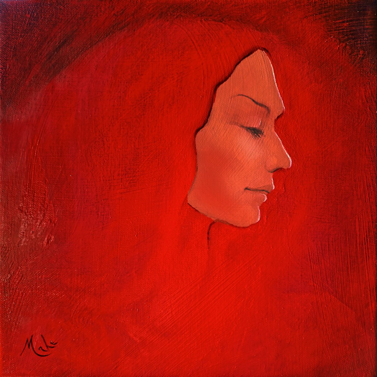 Expressive Portrait Oil Painting By Isabel Mahe, 12 X 12, The Red Lady, Original Artwork
