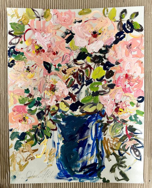 Roses in a blue jug by Lilia Orlova-Holmes
