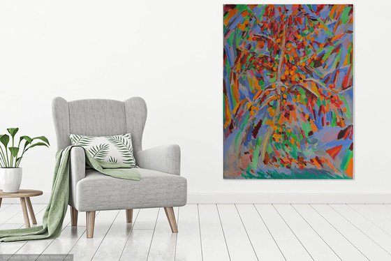 PERSIMMON - Plants ans Trees, original oil painting, large size, orange and blue colours, home office decor