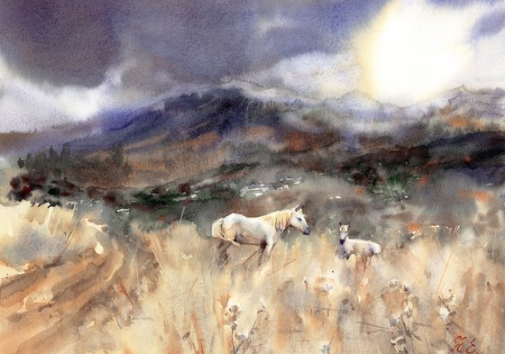 White horses in the grass, watercolor landscape, Crete, Greece