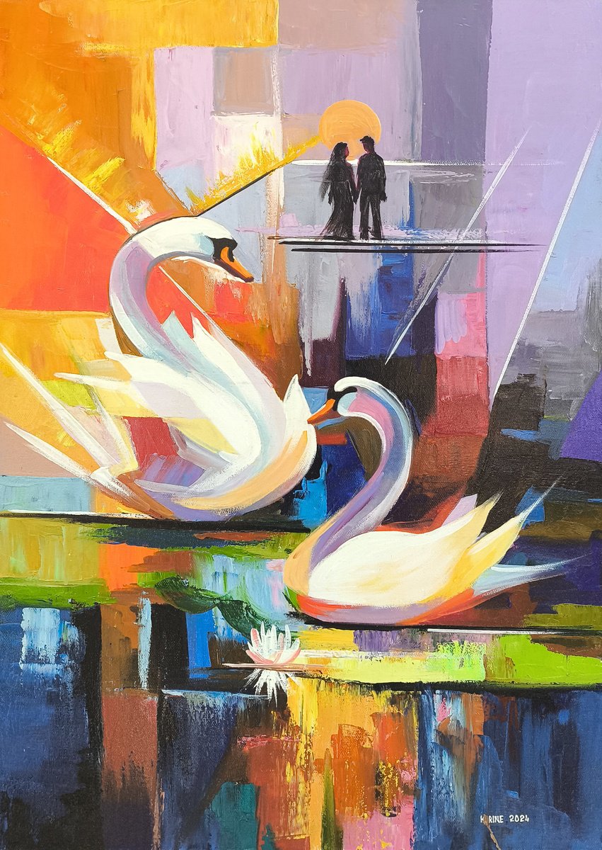 Impressionistic Animal Oil Painting By Karine Harutyunyan, 20 X 28", Elegance Swans, Original Artwork