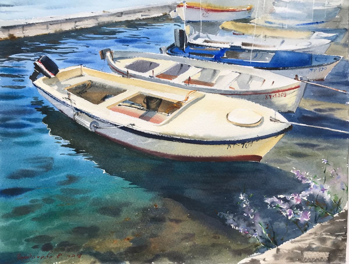 Impressionistic Watercolour , Motorboats, Montenegro By Eugenia Gorbacheva, 16 X 12, Artwork For Sale On Artfinder