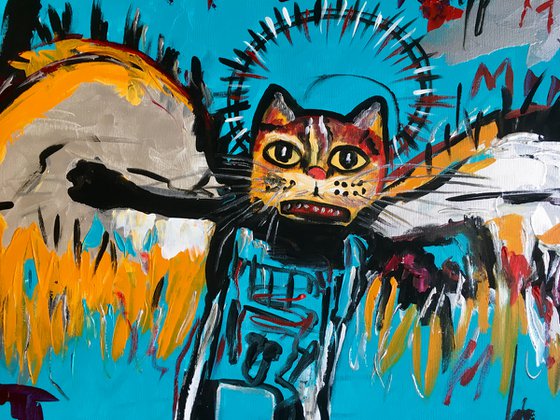 81x61cm Cat La Fallen Angel version of famous painting by Jean-Michel Basquiat