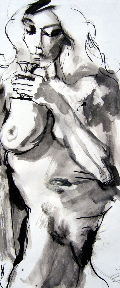 nude with glas of wine by Goran Žigolić Watercolors
