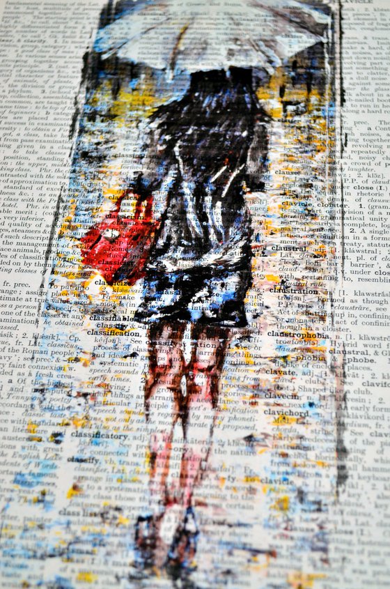 White Umbrella 2 - Collage Art on Large Real English Dictionary Vintage Book Page