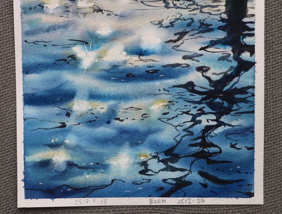 Reflections on the water. Original watercolor artwork.