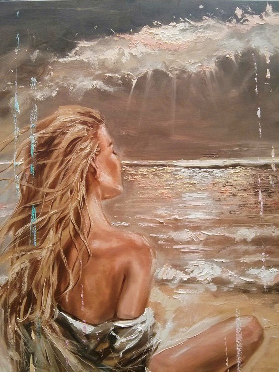 " UNKNOWN PLACES ... "- LARGE SIZE SEA SAND liGHt  ORIGINAL OIL PAINTING, GIFT, PALETTE KNIFE