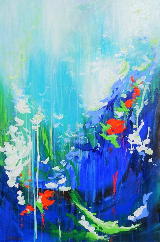 Abstract Flowers Modern Floral Landscape Painting. Blue, Red, Green, Violet, Teal, Abstract Tropical Flowers and Birds. Original Botanical Garden Painting on Canvas. Modern Impressionistic Art