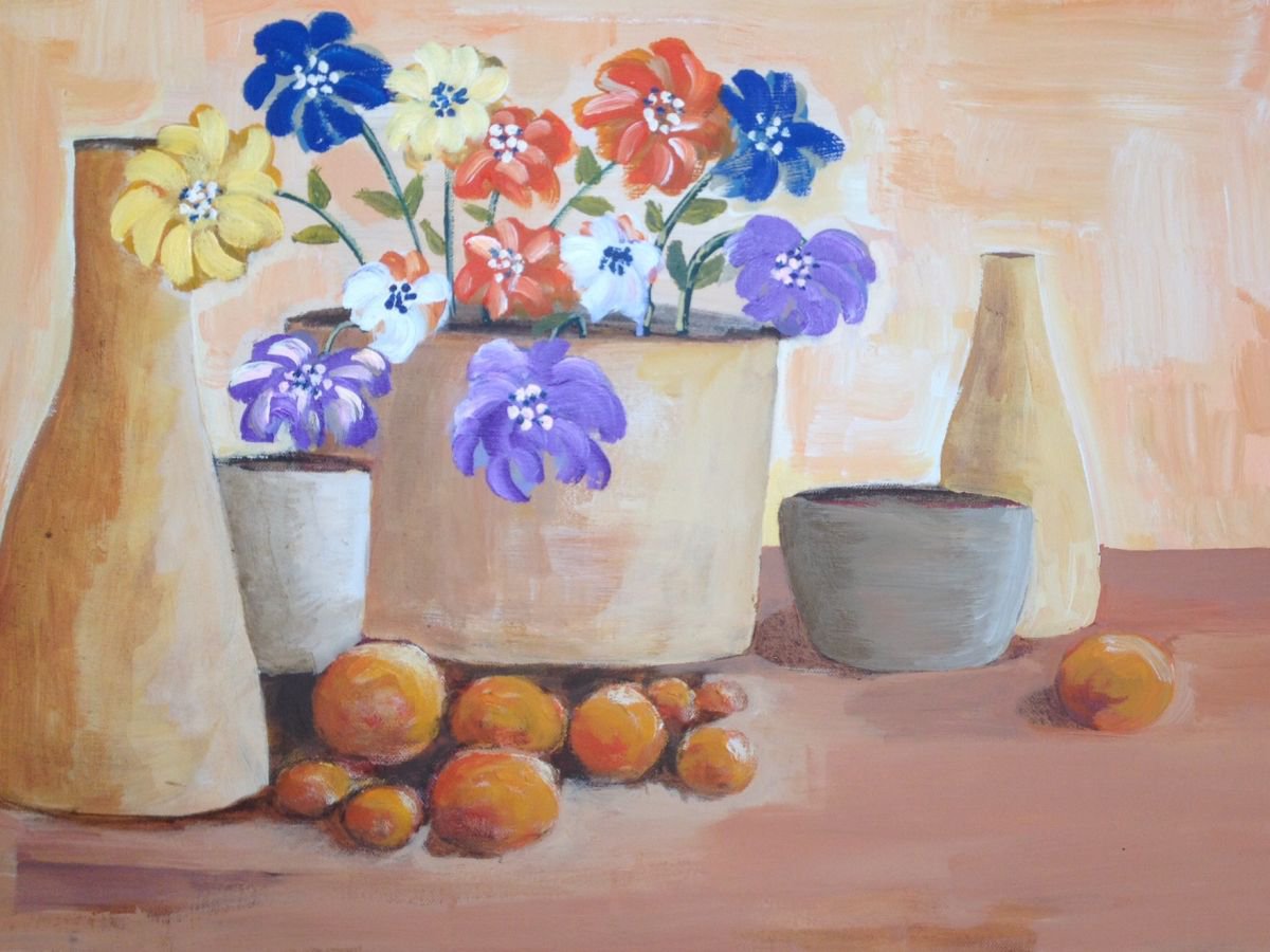 5 pots flowers and fruit by Les Powderhill