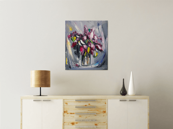 Still life with lilacs 60x70cm, oil painting, ready to hang, abstract still life