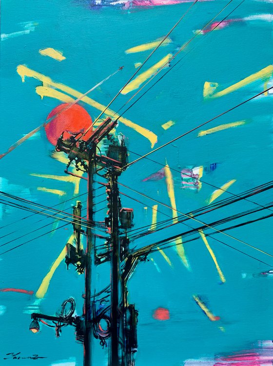 XXXL Urban painting-"Electricity"-Pop art-Polyptych-Bright-Street art-Diptych-Electric pole-Urban-Sunset