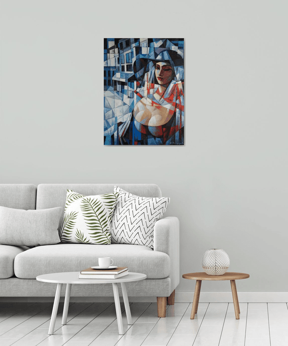 Girl in the hat (60x80cm, cubism, oil painting, ready to hang)