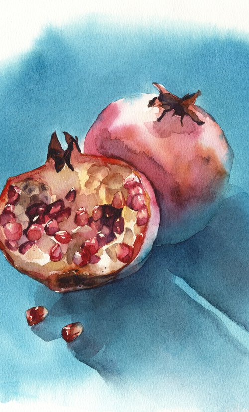 Pomegranate on blue Watercolor fruits for kitchen by Yulia Evsyukova