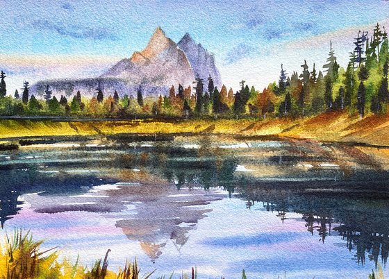 Dolomitic Sunset original watercolor artwork, sunset painting, reflection